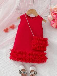 SHEIN Glamorique Kids 2件套女婴甜美可爱网纱薄纱公主裙带收纳袋 - 紅色 - 查看 2