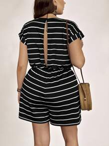 SHEIN LUNE Plus Size Nữ Sọc Trắng Cổ Tròn Cổ Cánh Dơi Tay Ngắn Playsuit Thường Ngày Cho Mùa Hè - Đen và trắng - Xem 2