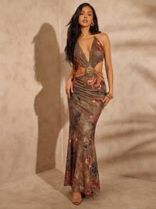 Hauture Floral Print Halter Neck Dress