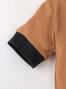 SHEIN Vintaside Kids 男婴拼布马球领连体短裤 - 棕色 - 查看 4