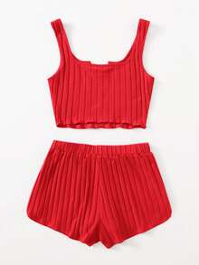 SHEIN EZwear Women Solid Color Cami & Shorts Knit 2 Pieces Set, Fashionable Outfit For Summer