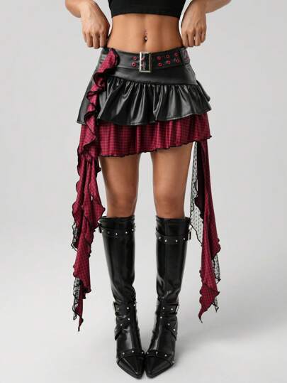 SHEIN ICON Women Black & Red Contrast Color PU Leather Punk Style Plaid Metal Waist Belt Lace Pendant Asymmetric Hem Mini Skirt