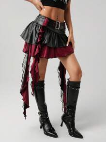 SHEIN ICON Women Black & Red Contrast Color PU Leather Punk Style Plaid Metal Waist Belt Lace Pendant Asymmetric Hem Mini Skirt - Black - View 6
