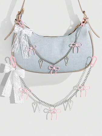Kawaii 1 pièce Chaîne de porte-clés de sac Charm pendentif en forme d'étoile et de cœur avec dentelle noire+rose et une boucle en acrylique, style gothique élégant et luxueux Y2K, convient aux femmes et aux filles, cadeau parfait