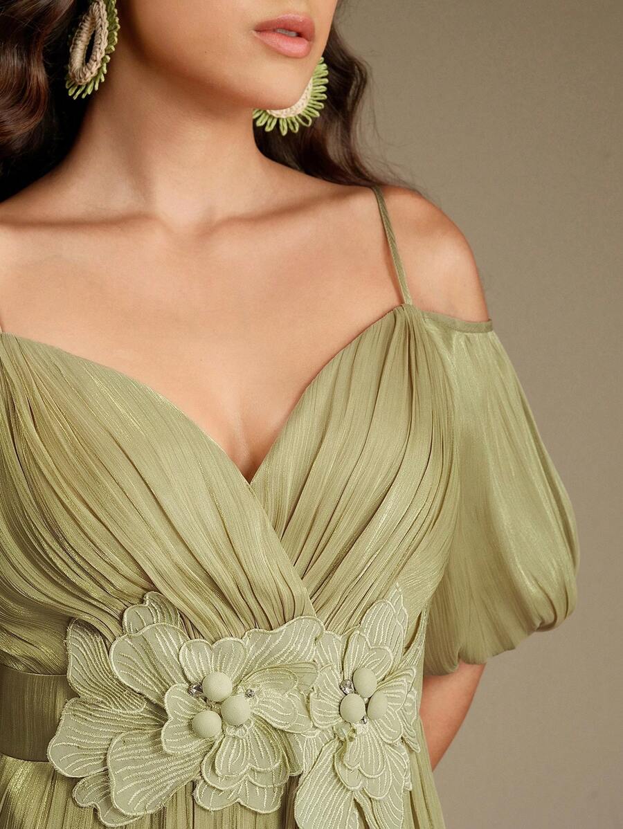 Anewsta 优雅露肩花卉装饰修腰修身大码女式连衣裙 - 綠色 - 查看 1