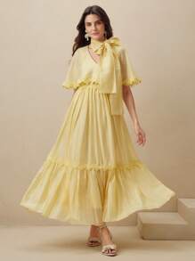 Anewsta Summer Fashion & Vacation Style Floral Lace Patchwork Women's Dress, Butter Yellow - Yellow - View 4