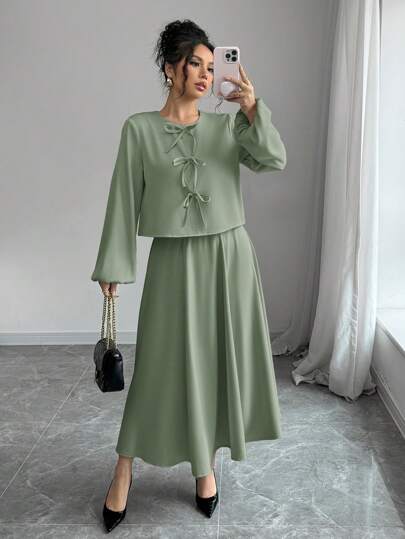 Siren Gaze Spring And Autumn 2 Pieces Solid Color Bowknot Lantern Sleeve Shirt With Waist And Umbrella Hem Skirt Women's Two Pieces Set Valentine's Day Date Wear Winter Elegant Green