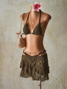 SHEIN ICON 2pcs Women Beach Holiday Lace Backless Halter Bra & Brief Bikini Set, Summer, Y2k Clothes Women, Western Wear Women