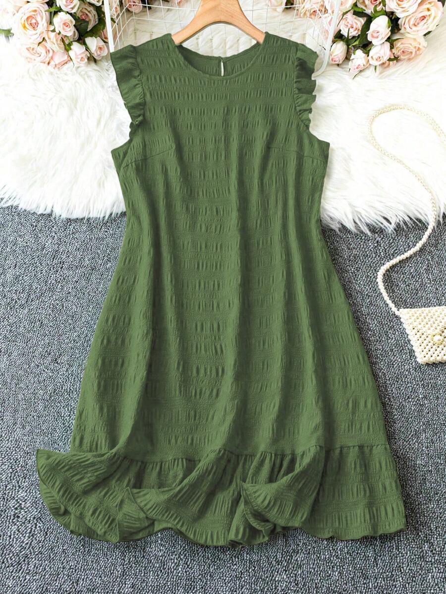 EMERY ROSE Plus Size Solid Color Simple & Versatile Dress - Army Green - View 1