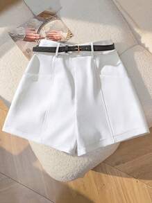 GlowEve Women's White Patch Pocket Belted Wide Leg Shorts