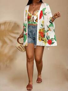 SHEIN Clasi Plus Size Femei Vară Nou Sosire Casual Beach Resort Imprimat în stil boem Resort Beach Cardigan cu mânecă lungă, Pantaloni scurți largi cu talie elastică Set 2 buc, primăvară/vară - Multicolor - Vizualizare 5