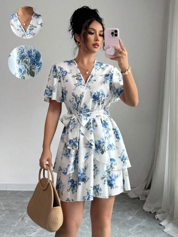 Calvaya Minimalist Elegant V-Neck Pleated Sleeve Women Dress, Spring/Summer