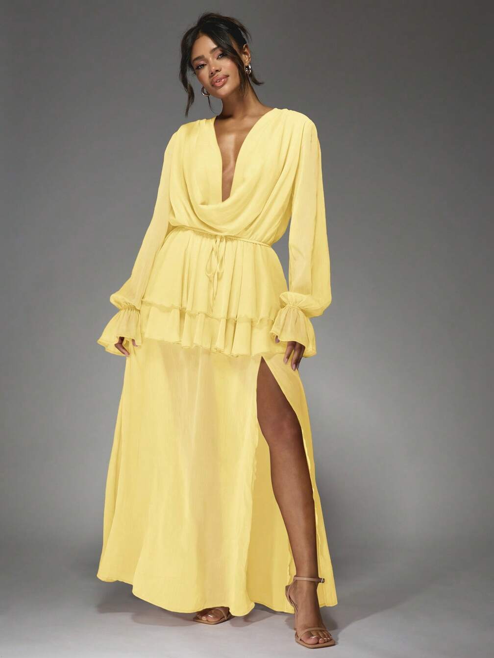 missguided yellow pleated maxi dress MISSGUIDED Elegant Cowl Neck Ruffle Long Bishop Sleeves High Side Slit Maxi  Dress｜MISSGUIDED