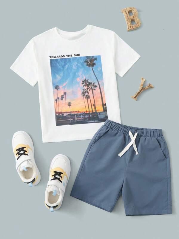 SHEIN Tween Boy Slogan And Tropical Print Top & Shorts