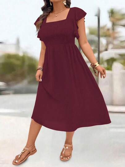 SHEIN LUNE 大码女式束腰A字盖袖度假连衣裙