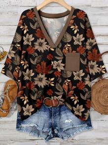 Mellowie Plus Size Casual Minimalist Leaf Print T-Shirt, Suitable For Summer Going Out, Fall Top