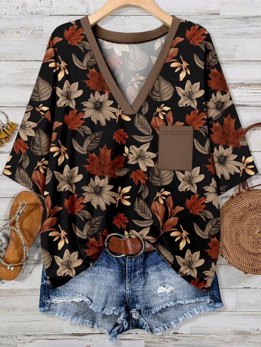 Mellowie Plus Size Casual Minimalist Leaf Print T-Shirt, Suitable For Summer Going Out, Fall Top