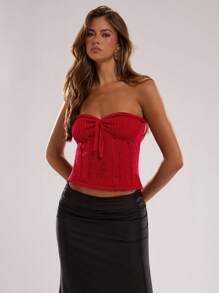SHEIN BAE Áo ống dệt kim khoét eo thắt nơ gợi cảm dành cho nữ mùa hè, thích hợp đi nghỉ mát, đi biển, đồ bơi, áo croptop đi biển cho nữ - Đỏ - Xem 6