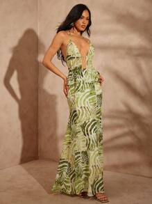 Hauture Sexy Summer Vacation Olive Green Zebra Animal Printed Plunge Hallow Out Maxi Dress - Green - View 5