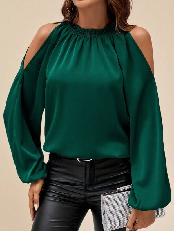 SHEIN Clasi Cămașă ocazională elegantă de toamnă și iarnă de culoare verde solid, cu mâneci lanternă, guler cu umăr deschis și ținute de toamnă de Crăciun pentru femei, topuri cu mânecă lungă