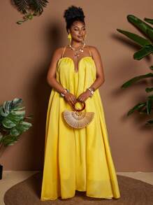 Maweii 大码女式纯色露背长款度假连衣裙 - 黃色 - 查看 4