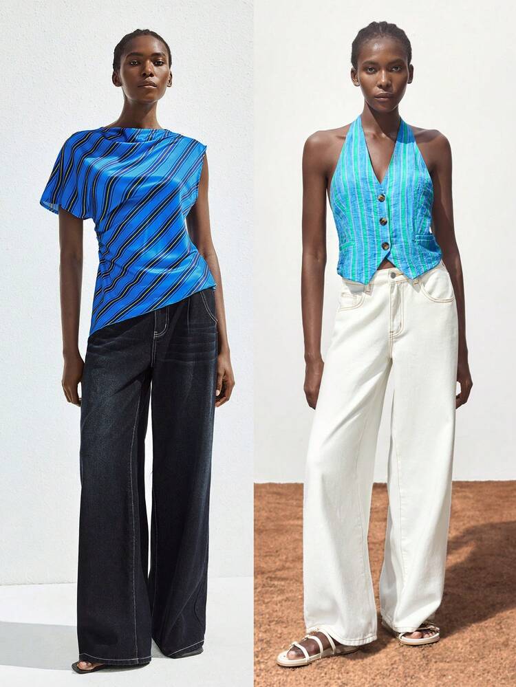 SHEIN Maija 2025 Summer Music Festival Modern Urban Asymmetric Waist Ruched Asymmetrical Hem Retro Casual Women's Blue Yellow Contrast Color Artistic Striped Top, Suitable For Spring/Summer Parties