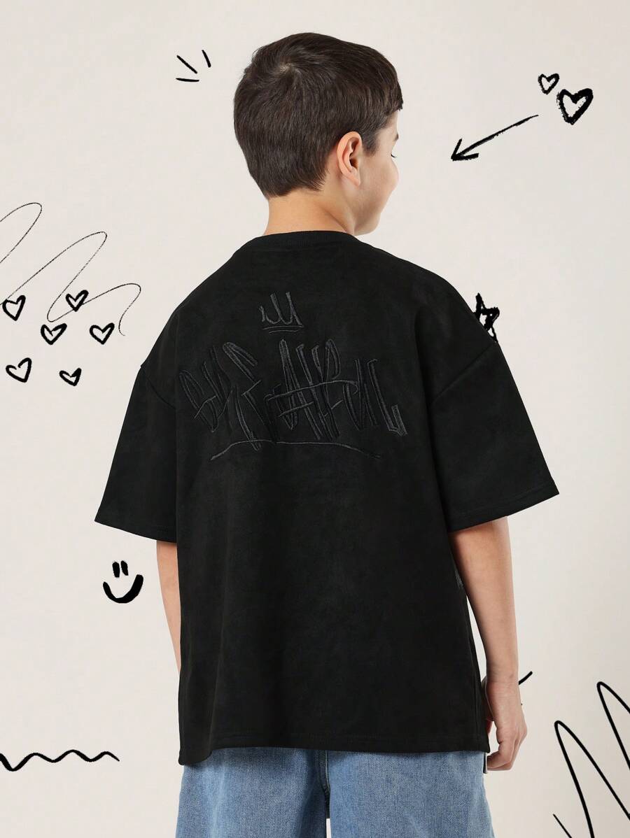 SUMWON 超大街头风格青年 T 恤经典宽松版型背部印花涂鸦设计圆领休闲都市日常穿着 - 黑色 - 查看 1