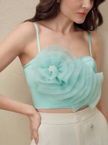 Anewsta Summer Camisole Spaghetti Strap Crop Top Overlay With Voluminous Organza Floral