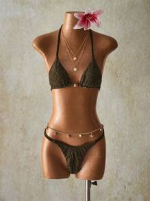 SHEIN ICON 2pcs Women Beach Holiday Lace Backless Halter Bra & Brief Bikini Set, Summer, Y2k Clothes Women, Western Wear Women