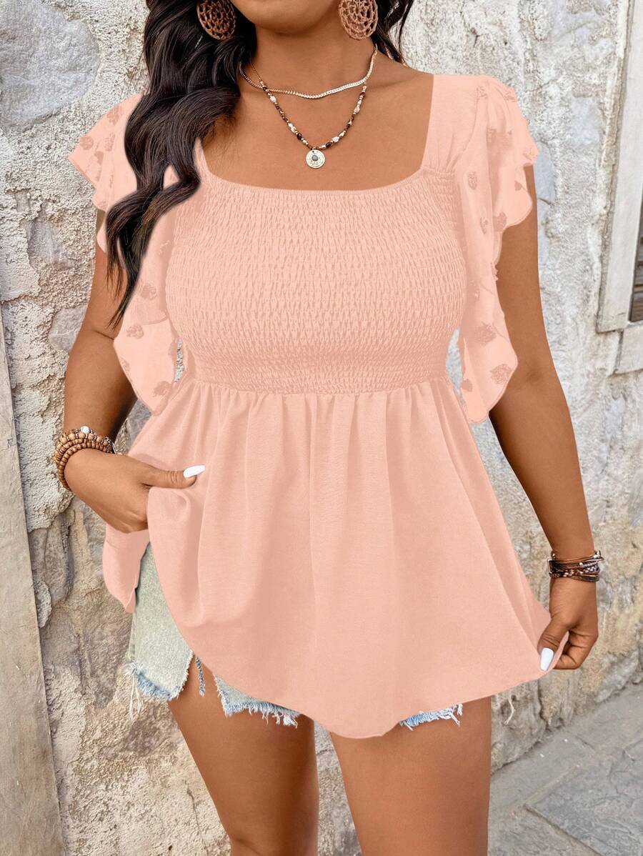 SHEIN LUNE 大码女式方领盖袖休闲衬衫 - 粉色 - 查看 1