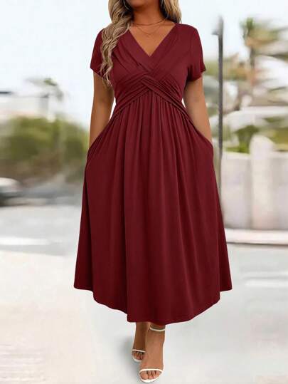 SHEIN PETITE Vestido largo elegante con trenzado de cable para mujer de talla grande, casual, de línea A, perdonador, estilizador, de campana, con bolsillos laterales