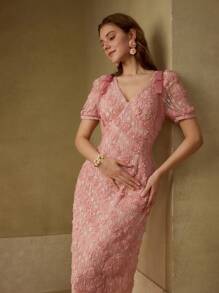 MOTF PREMIUM APPLIQUES LACE OVERLAY BOW SHOULDER PUFF SLEEVE DRESS - Pink - View 6