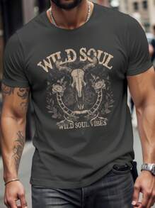 Manfinity LEGND Wild West Cowboy Bone & Bull Head Dreamcatcher Print Standard Fit Men's Dark Gray Short Sleeve T-Shirt - Grey - View 1