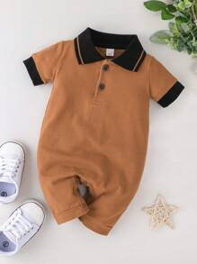 SHEIN Vintaside Kids 男婴拼布马球领连体短裤 - 棕色 - 查看 6