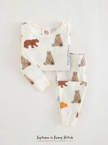 Cozy Pixies 男婴卡通动物印花舒适睡衣套装，柔软针织圆领长袖上衣和松紧腰长裤