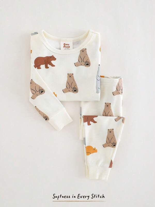 Cozy Pixies Baby Boy Cartoon Animal Print Snug-Fit Pajama Set, Soft Knit Crew Neck Long Sleeve Top And Elastic Waist Long Pants