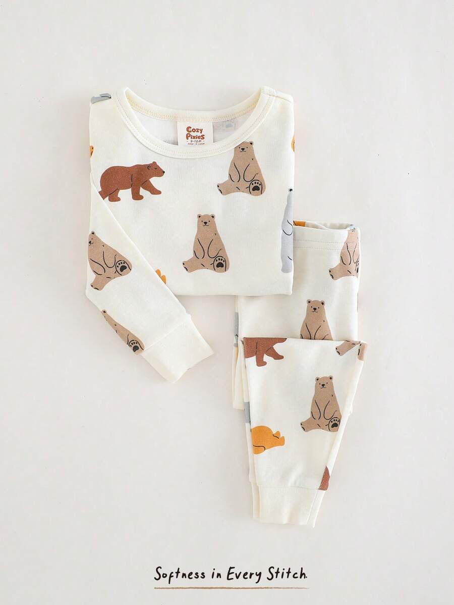 Cozy Pixies 男婴卡通动物印花舒适睡衣套装，柔软针织圆领长袖上衣和松紧腰长裤