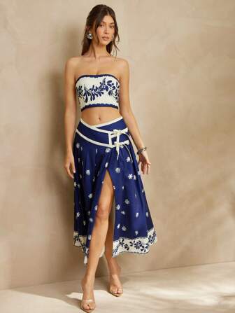 L'Amorae 女式热带印花蓝/白拼色夏季中长裙，前系带，侧开衩，女士夏季服装，度假服装，美国独立日服装，女士沙滩装