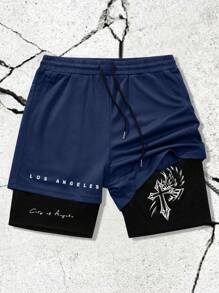 Manfinity LEGND Pantalones cortos multifuncionales casuales para hombre 2 en 1, pantalones cortos de 2 colores contrastantes con estampados de cruz y eslogan, cintura con cordón y elástico con bolsillos, adecuados para gimnasio, entrenamiento y deportes, gran regalo para esposo o novio