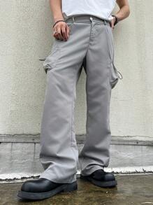 Manfinity Hypemode Pantalones casuales sueltos rectos con varios bolsillos y botones de unicolor para hombre - Gris Oscuro - Ver 5