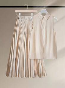 SHEIN Clasi Set elegant de două piese pentru femei, mărimi mari, pentru vacanță de vară - Caisă - Vizualizare 2