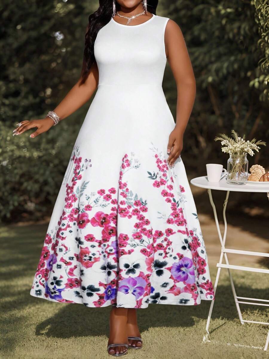 SHEIN Lady Spring And Summer Elegant Commuting Office Casual Boho Colorful Knitted Scoop Neck Flared Ball Gown Long Sleeveless Plus Size Dresses Office Dresses Hawaii Outfits Women Women Clothing Summer Summer Outfits For Women Summer Dresses For Women - Multicolor - View 1