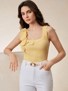 Anewsta Vielseitiges Damen-Tanktop mit Rundhalsausschnitt und 3D-Blumenmuster, buttergelb, Sommer - Gelb - Übersicht 4