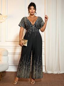 Cravure Plus Size Women V-Neck Batwing Sleeve Metallic Sequins Graphic Jumpsuit, Sexy Wide Leg One Piece Playsuit For Summer - Multicolor - View 3
