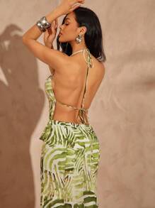 Hauture Sexy Summer Vacation Olive Green Zebra Animal Printed Plunge Hallow Out Maxi Dress - Green - View 6