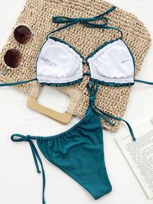 Bonvoyette Conjunto de bikini sexy con parte superior de cuello halter y Bottom con volantes, de unicolor para mujer