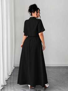 Elenzga Plus Size Women Elegant Fashion Personalized Versatile Artistic Style Lady Two-Piece Set: Short Sleeve Jacket + Maxi Dress, Suitable For Summer, Back To School, Graduation, Holiday, Valentine's Day, Music Festival, Mother's Day, Halloween, Thanksgiving, Easter, National Holiday, Dance Party, Date, Outdoor Activities - Black - View 2