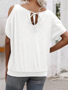 Zayélia Solid Cold Shoulder Tie Back Tee - White - View 2