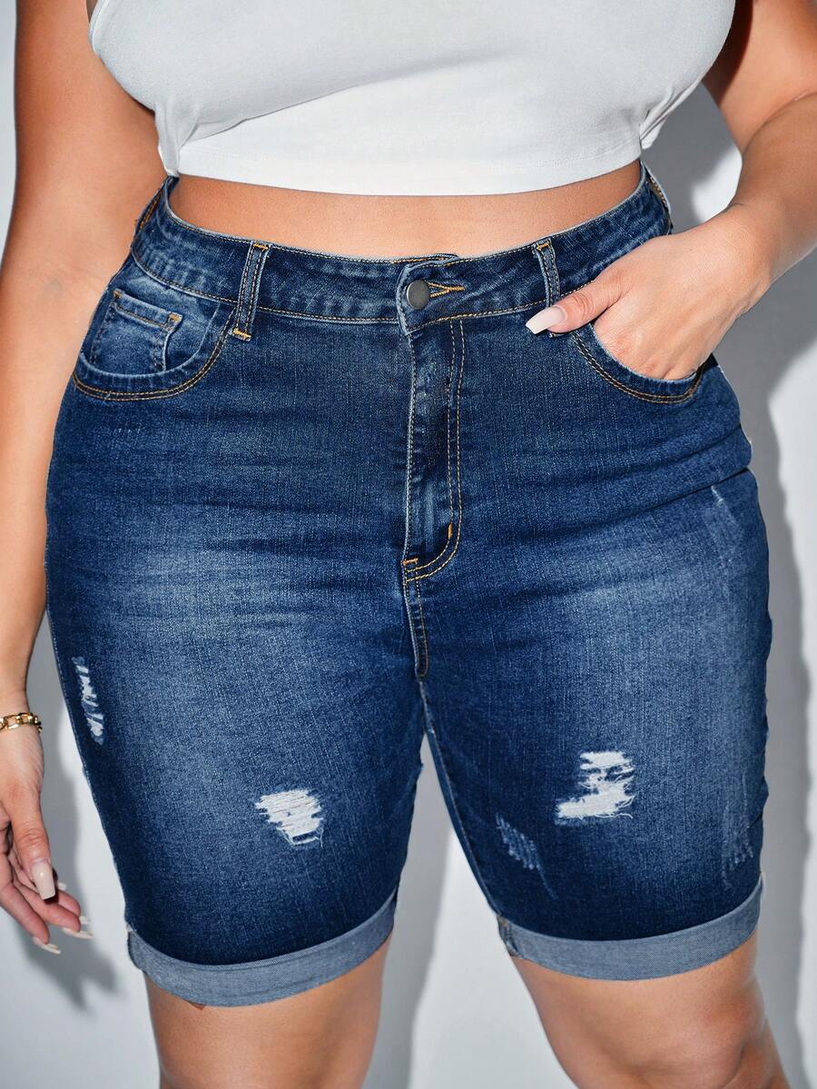 SHEIN Essnce Plus Size Denim Shorts - Medium Wash - View 1
