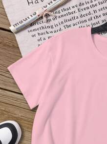 SHEIN Young Girl Basic Short Sleeve Pale Pink Round Neck Casual Top, Summer Funny Shirts For Girls Little Girl Shirts Little Girls Tshirts Lil Girls Clothes School Clothes Back To School Clothes Puppy Keep Puppy Graphic Tees